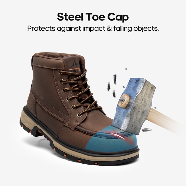 Men's Waterproof Leather Steel Toe Work Boots - DARK BROWN - 3